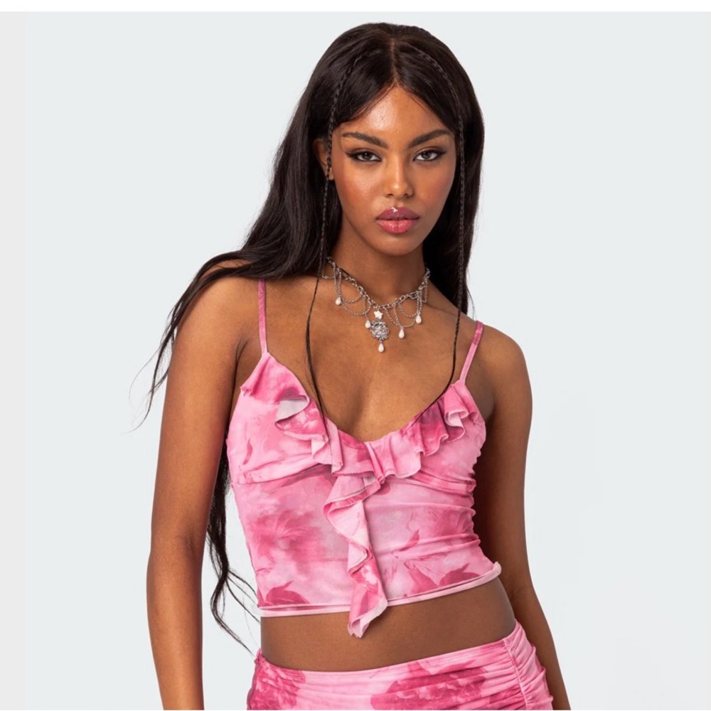 Edikted Pink Ruffled Crop Top